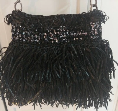 Lorenza Gandaglia Gipsy Black Woven Fringed Raffia & Sequin Handbag - Image 1 of 4