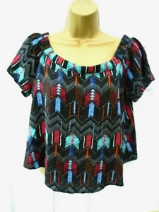 NEW LOOK Ladies Size 10 Black Blue Red Chevron Boxy Off The Shoulder Bardot Top - Picture 1 of 9