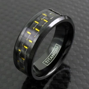 Black Titanium Men's Yellow Carbon Fiber Band Ring Sizes 9-13 - Picture 1 of 3