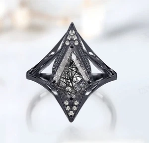 Black Geometric Ring Rutilated Quartz Art Deco Gothic Statement Jewelry - Picture 1 of 9