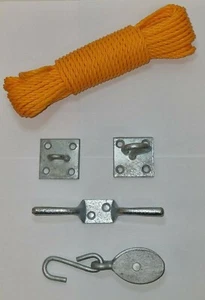 Heavy Duty Galvanised Complete washing line kit PULLEY CLEAT HOOK & EYE + LINE - Picture 1 of 7