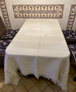 Große alte Tischdecke ecru ca. 150 x 213 cm gewebt Fransen Leinen/BW ? Decke - Bild 1 von 16