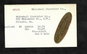 Concesionario Chevrolet Whitehall 1934, etiqueta de papel de aluminio de Atlanta... archivo Angell MFG - Imagen 1 de 3