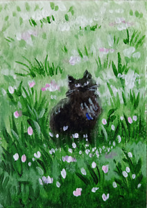 ACEO Original Acrylic Painting Black Cat flower field Portrait miniature