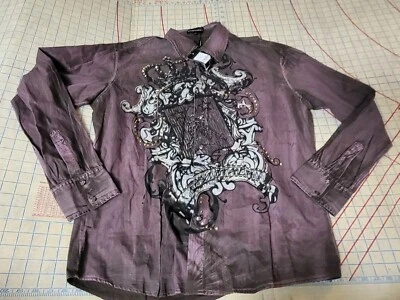 Camisa De Colección Emporio Armani Abotonada Aflicción Ed Hardy Bordada Marrón Dorado XL Foto 1 de 4