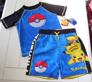 Boys Pokemon Pikachu 2 Pc Rash Guard Shirt Swim Trunks Shorts Set Outfit Sz 4 - Picture 1 of 4