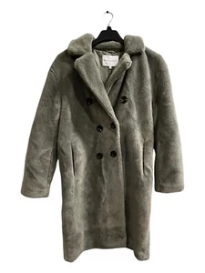 Rebecca Minkoff Coat Womens L Green Teddy Faux Shearling Double Breasted Long - Picture 1 of 10