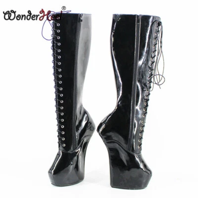 20cm/8" Heelless Horse Ponying Hoof Heel Patent Leather Platform Knee High Boots - Image 1 of 4