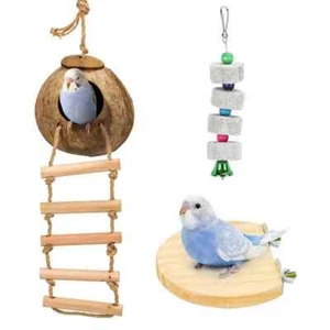 Natural Coconut Shell Bird Nest with Ladder, Coconut Bird Toy for Small Birds - Picture 1 of 8