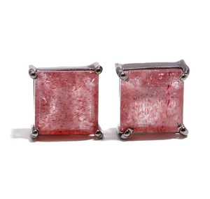 Natural Strawberry Quartz Square Studs Earrings 925Silver Black Oxidized Jewelry - Picture 1 of 20