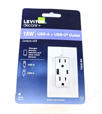Leviton 15A tomada resistente a adulteração USB A & C carregador Decora branco T5638-BW - Imagem 1 de 3