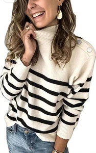 Kirundo elfenbein schwarz Streifen hoher Stehkragen enger Strick Langarm Pullover Gr. - Bild 1 von 9