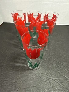 Vintage Red Tulip Drinking Glasses MCM Glass Tumbler Juice Swanky Swig Set Of 6 - Picture 1 of 10