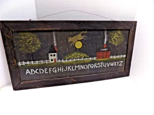 Primitive Painting on Wood COW OVER MOON & ABC's Rustic Country Scene 24 x 12 - Picture 1 of 7