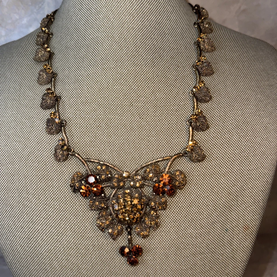 Copper Tone Amber Brown Leaves Rhinestones Statement Necklace 18” - Image 1 of 4
