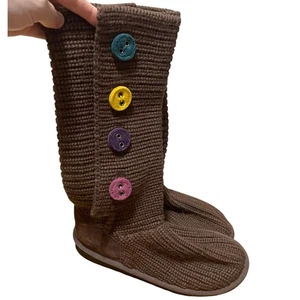 UGG Australia Size 4/ EU 34 Brown Knit Boots Colorful Buttons Tall Winter Warm - Picture 1 of 9