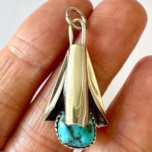 Navajo Squash Blossom Turquoise Pendant 1.4in Signed Yazzie Sterling Nugget - Bild 1 von 8