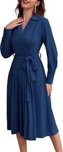 Royal Blue Midi V-Neck Work Dress, Long Sleeve, A-line, Size Medium - Picture 1 of 8