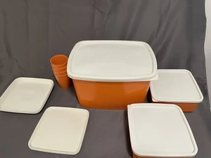 Vintage Orange Curver picnic set hamper camping SET 1960's retro campervan - Picture 1 of 23