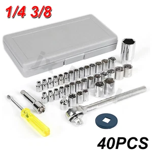 Socket Sets Metric Standard Ratchet Set Tools 1/4'' 3/8'' Drive Wrench with Case - Picture 1 of 11