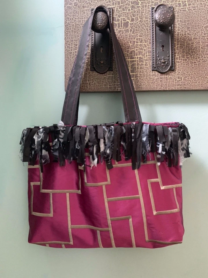 Purple & Black Satin Fabric Boho Tote Bag, Handbag - Image 1 of 4