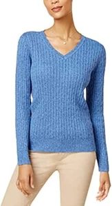 Karen Scott Women V Neck Cable Knit Blue Speckle Textured Sweater Size S NWT - Picture 1 of 8