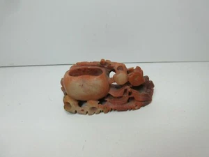 LOVELY SMALL ANTIQUE VINTAGE CARVED SOAPSTONE POT BOWL RELIEF FLORAL - Picture 1 of 6
