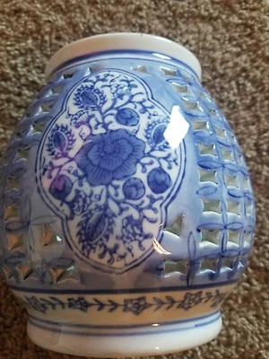 Ceramic Egg Shaped Candleholder ~ Blue & White in Color ~ 4.25" Dia x 7" Tall - Image 1 of 4