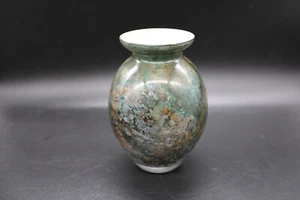 Reverse Hand Painted Glass Vase - Marbled Effect Blue Green Brown 4.75" Tall - Foto 1 di 12