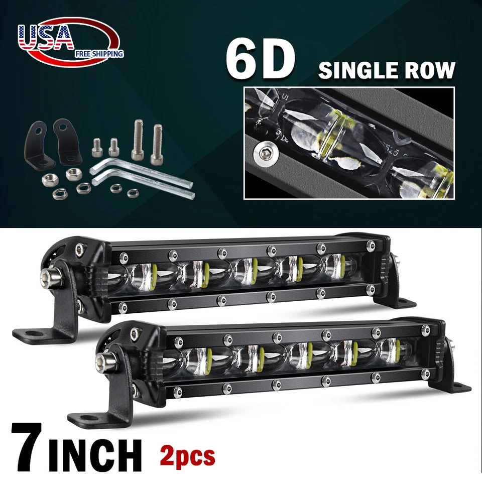 2PCS 7"inch LED Work Light Bar Single Row Spot Flood Offroad Driving ATV 4WD SUV - Image 1 of 4