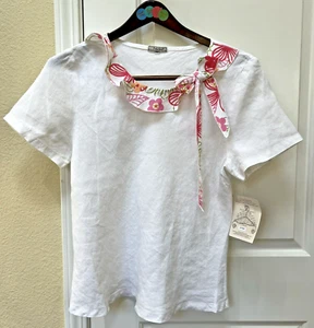 Focus U.S.A. Shirt Women Size L Linen Top White Lagenlook Floral Short Sleeve - Picture 1 of 12