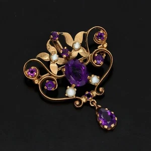 Victorian 9ct Gold Amethyst and Pearl Brooch - Picture 1 of 4