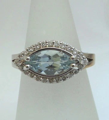 AQUAMARINE AND DIAMOND RING 14 K WHITE GOLD GENUINE 1.10 CT AQUA AND DIAMONDS - Image 1 of 3