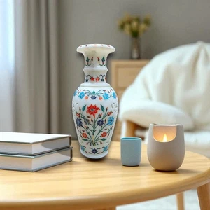 Jarrón decorativo con incrustaciones de mármol - Artesanía de piedra con patrón floral - Obra de arte floral - Imagen 1 de 7