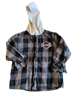 Harley Davidson schwarz grau kariertes Langarm Button Down Kapuzenhemd Jungen 4/5 - Bild 1 von 7