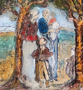 1900-1940 Enamel Painting on a Copper Tile: Mothers & Children Under Trees - Picture 1 of 4
