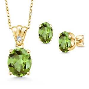 18K Yellow Gold Plated Silver Peridot and White Moissanite Pendant and Earrings - Picture 1 of 3