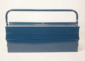 Vintage Metall Werkzeugkoffer blau ausklappbar mit vielen Fächern 53x20,5x22cm - Bild 1 von 8