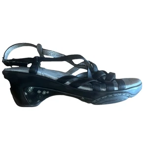 J-41 adventure Size 8M Women Traveling Women’s Wedge Sandals Black Leather 9 1/2 - Picture 1 of 11