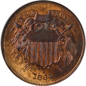 1864 Two (2) Cent Piece Large Motto NGC MS65 RB Superb Eye Appeal Strong Strike - Picture 1 of 4