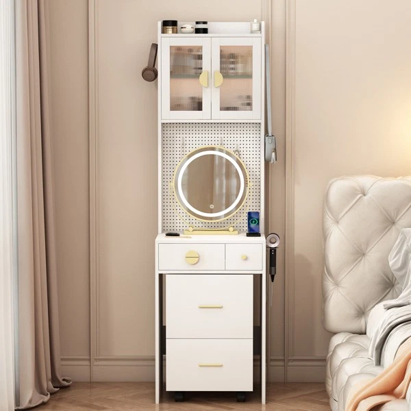 Mesa de Maquillaje Almacenamiento Cajones Taburete Compacto Tocador Escritorio con Espejo Luces LED NUEVO Foto 1 de 4