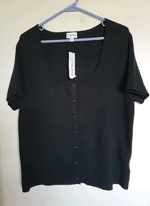 Cárdigan para mujer The Drop acanalado cuello cuadrado botón delantero 2X tejido negro NUEVO - Imagen 1 de 3