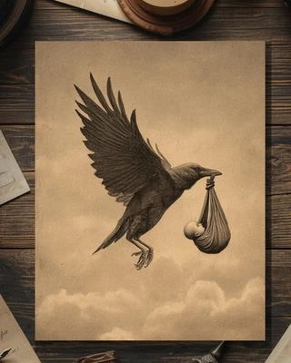 Vintage Victorian Raven Delivering Baby New Baby Gothic Macabre Card Blank - Image 1 of 4