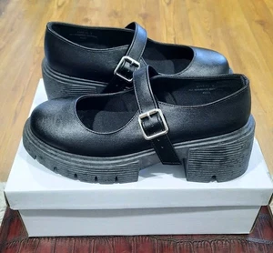 Bamboo Black Mary Jane Treaded Platform Buckle Strap Chunky Lug Heel Pump 7.5 - Picture 1 of 8