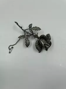 Vintage 1950s solid silver marcasite rose brooch Swivel Spin Clasp - Picture 1 of 8