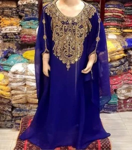 Moroccan Navy Blue Georgette Wedding Stylish Party Kaftan Kids Long Gown Dress - Picture 1 of 3