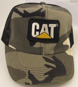 CAT Trucker Hat Mens Black Camouflage Patch Logo Vtg Made in USA Caterpillar Cap - Picture 1 of 9