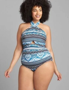 Lane Bryant Cacique Tie Neck Cutout No Wire One Piece Swimsuit 16 - Picture 1 of 2