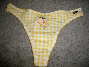 VICTORIAS SECRET THONG EMBROIDERED PEACH CHECKERED YELLOW LARGE NEW - Picture 1 of 2