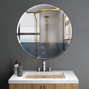 40cm Round Glass Mirror Stick on Wall Bedroom Bathroom Mirror Beveled Frameless - Picture 1 of 15
